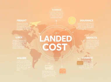 Landed cost formula illustrated on a world map, showing freight, insurance, customs, and warehousing costs across global trade routes