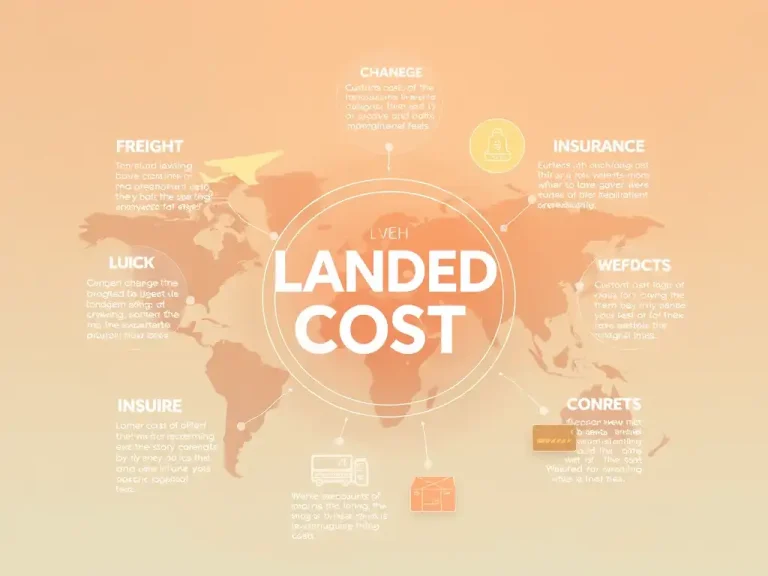 Landed cost formula illustrated on a world map, showing freight, insurance, customs, and warehousing costs across global trade routes