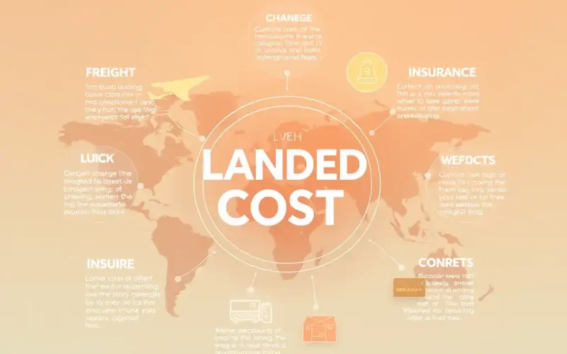 Landed cost formula illustrated on a world map, showing freight, insurance, customs, and warehousing costs across global trade routes