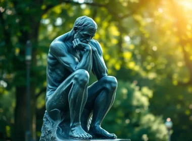 Bronze thinker statue in a sunlit park, symbolizing strategic financial decision-making