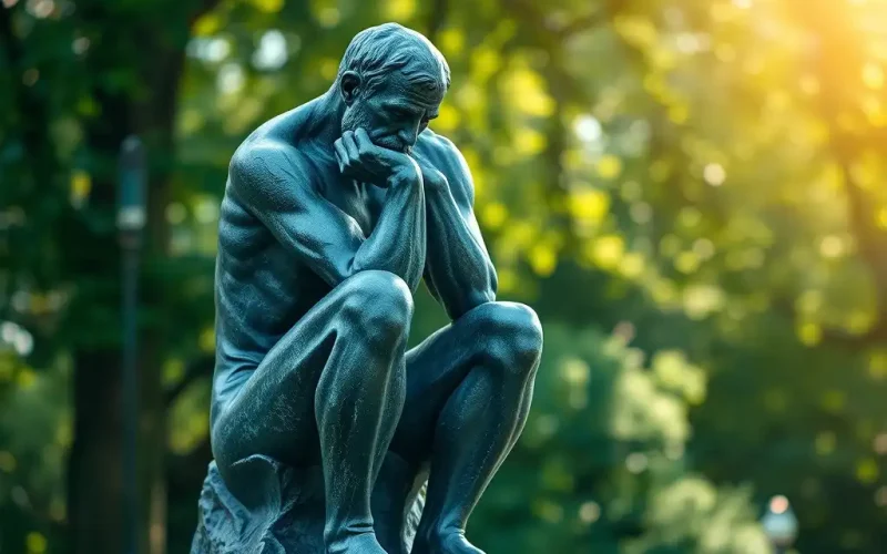 Bronze thinker statue in a sunlit park, symbolizing strategic financial decision-making