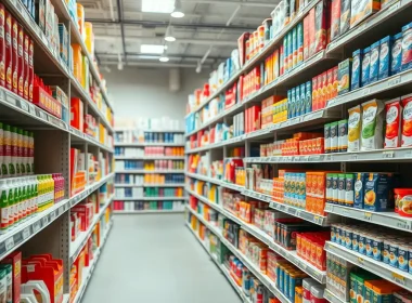 Retail store aisle stocked with colorful packaged goods on shelves, representing inventory management and stock accounting
