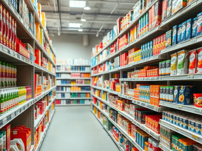 Retail store aisle stocked with colorful packaged goods on shelves, representing inventory management and stock accounting