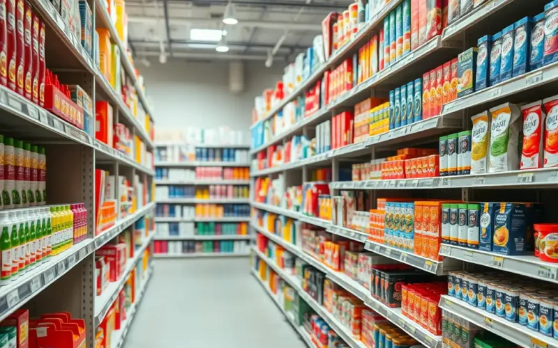 Retail store aisle stocked with colorful packaged goods on shelves, representing inventory management and stock accounting