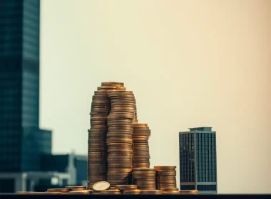 Stacked coins beside a city skyline representing balance sheet valuation in pushdown accounting and step acquisitions