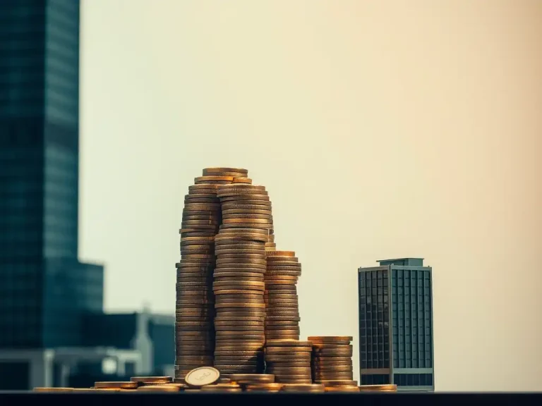 Stacked coins beside a city skyline representing balance sheet valuation in pushdown accounting and step acquisitions