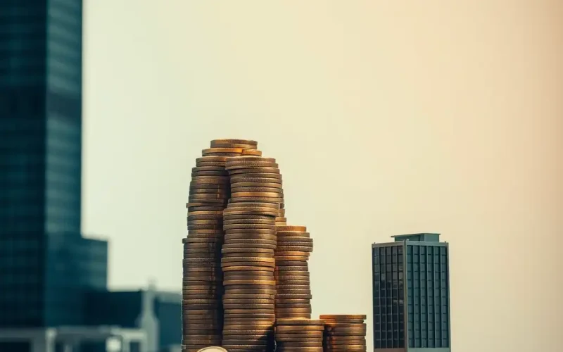Stacked coins beside a city skyline representing balance sheet valuation in pushdown accounting and step acquisitions