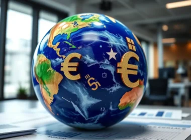 Globe with euro currency symbols on financial reports, representing foreign currency translation and global finance