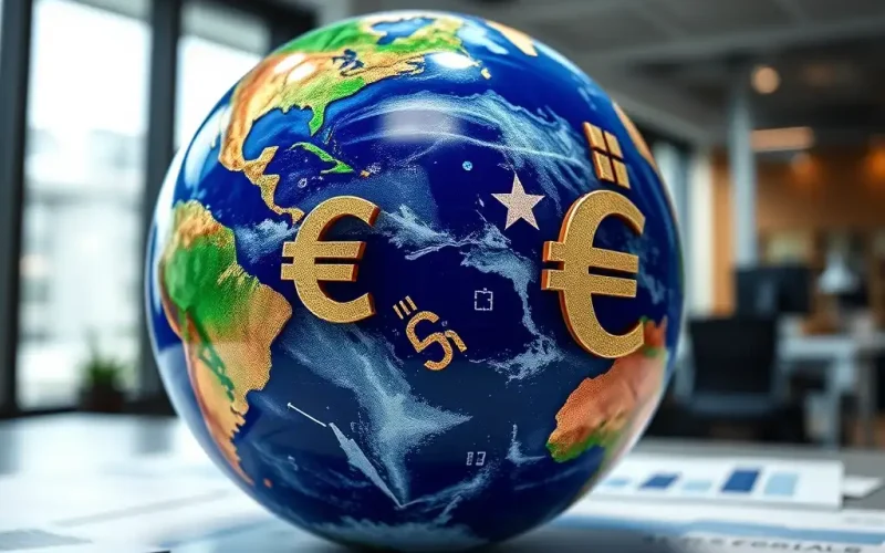 Globe with euro currency symbols on financial reports, representing foreign currency translation and global finance