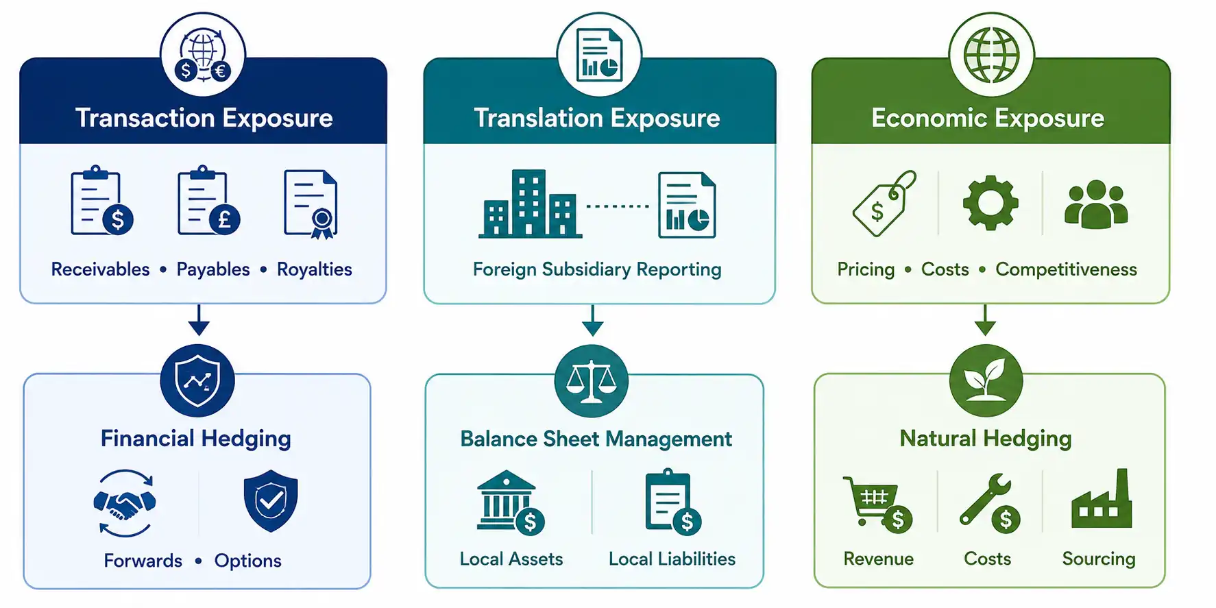 Diagram mapping the three types of FX exposure — transaction, translation, and economic — to their matching hedge strategies: financial hedging, balance sheet management, and natural hedging