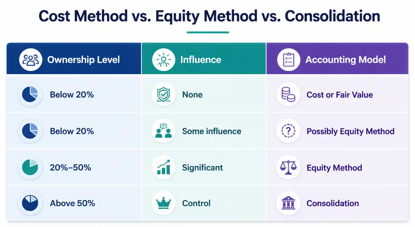 Cost method vs equity method vs consolidation comparison chart showing ownership level, influence, and accounting model