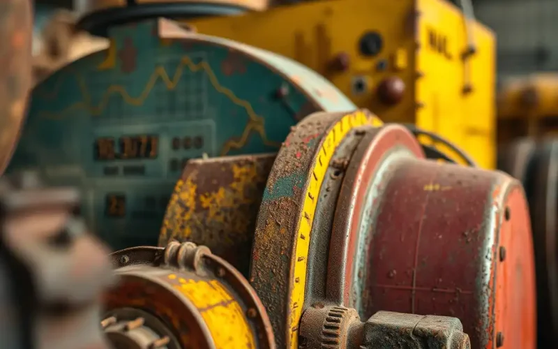 Close-up of worn industrial machinery illustrating uneven asset wear behind capital efficiency and depreciation planning