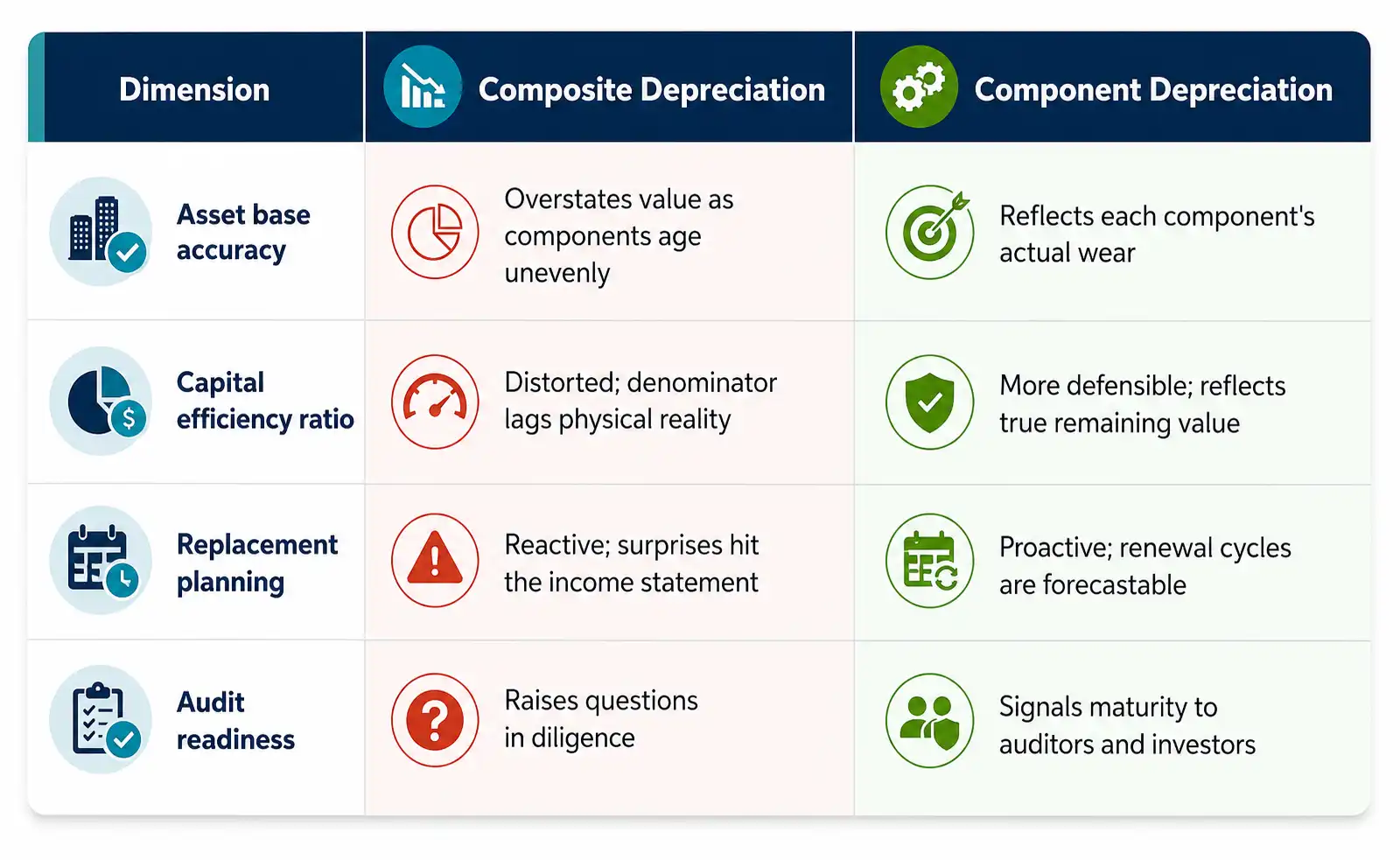 Table comparing composite and component depreciation across asset base accuracy, capital efficiency ratio, replacement planning, and audit readiness