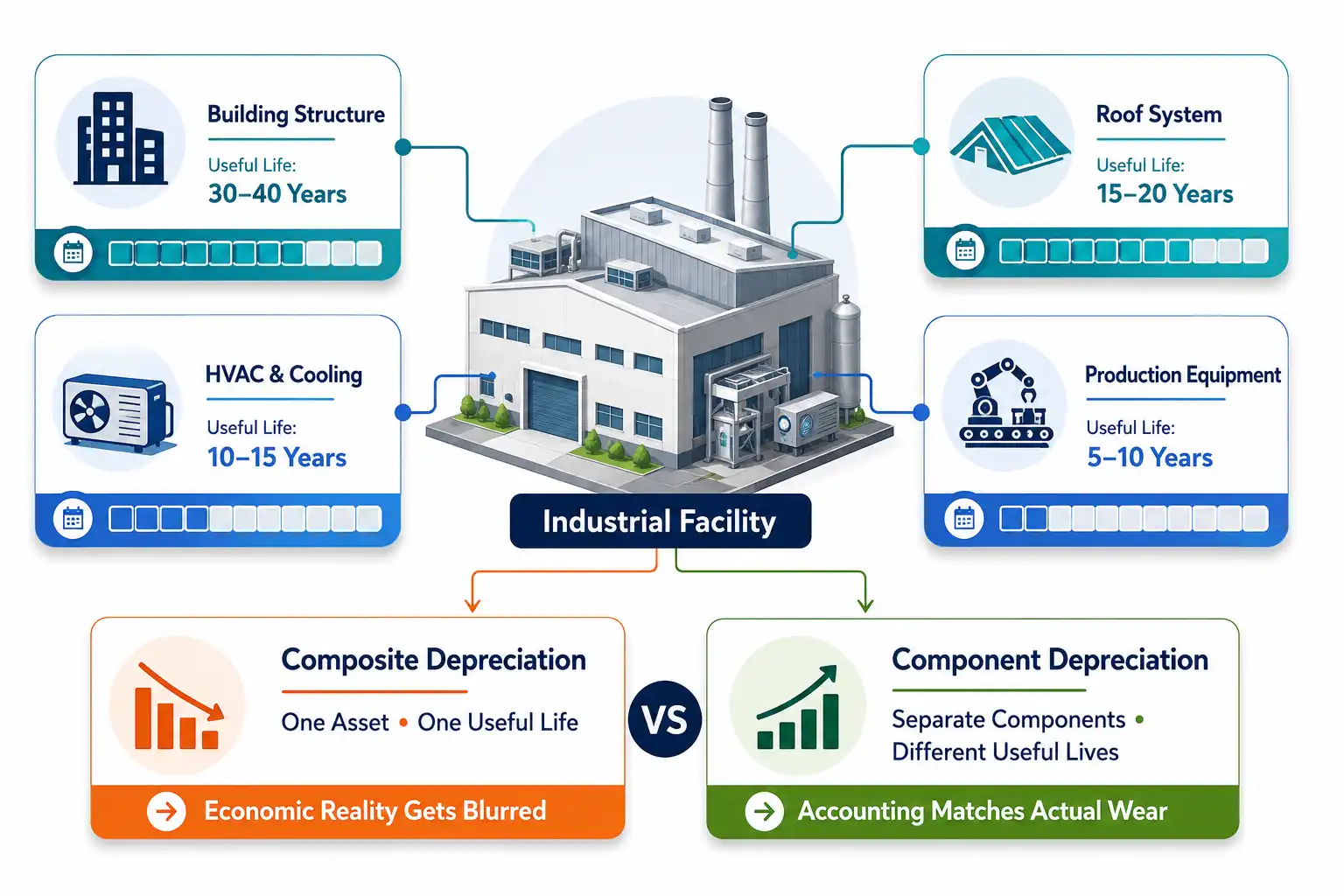 Diagram comparing composite vs component depreciation useful life for a facility's building structure, roof, HVAC, and production equipment