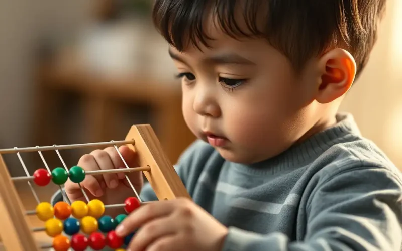 Young child learning counting with a colorful wooden abacus