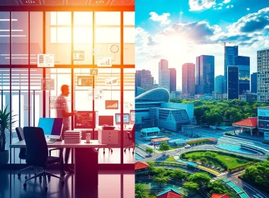Software capitalization accounting concept image showing office workspace and modern city skyline