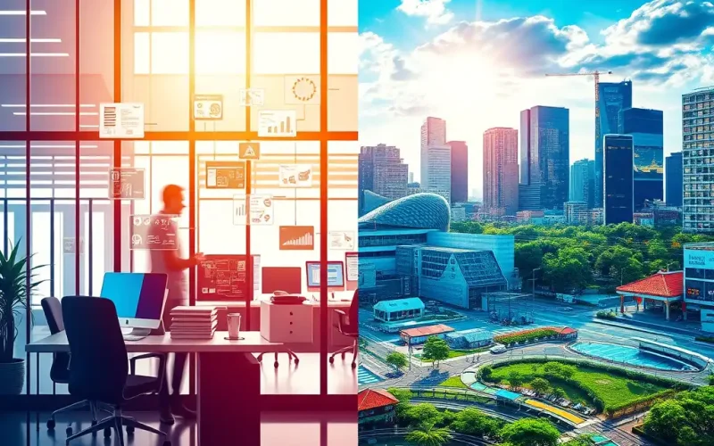 Software capitalization accounting concept image showing office workspace and modern city skyline