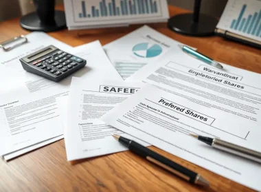 Warrant, SAFE, and preferred share agreements on a desk with a calculator, representing accounting for warrants and equity instruments