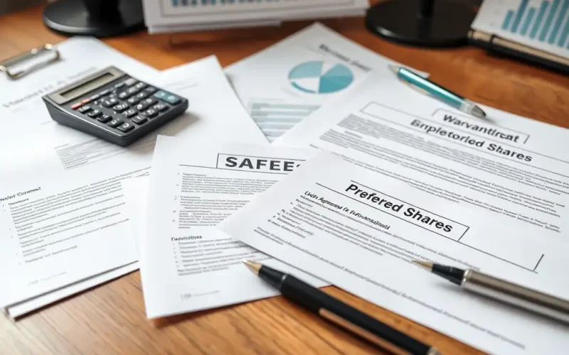 Warrant, SAFE, and preferred share agreements on a desk with a calculator, representing accounting for warrants and equity instruments
