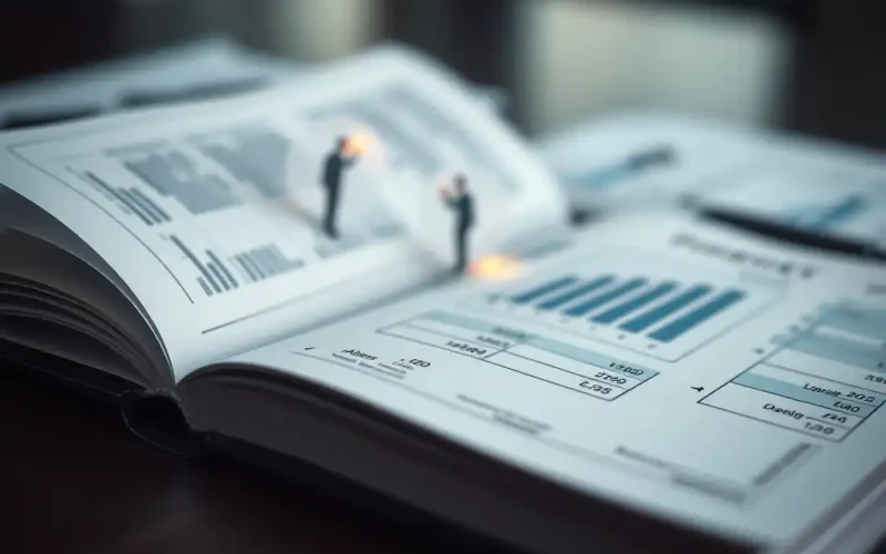 Financial statements and audit ledger representing ASC 855 subsequent events review and disclosure