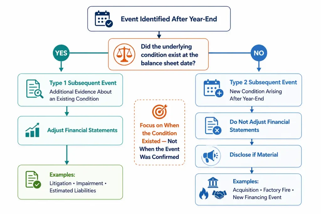 Flowchart for classifying ASC 855 subsequent events as Type 1 or Type 2 based on the balance sheet date
