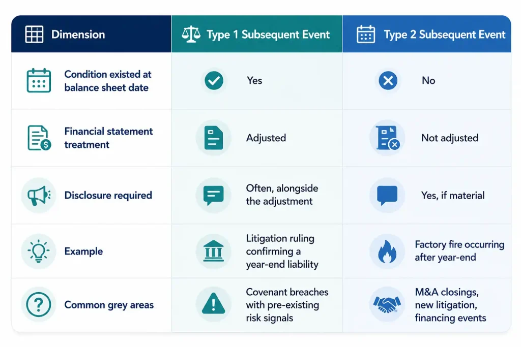 Table comparing Type 1 vs Type 2 subsequent events under ASC 855, covering treatment, disclosure, and examples