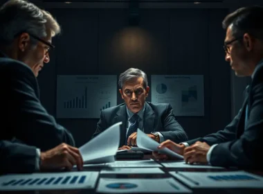 Finance executives reviewing legal and financial documents during a tense contingent liability discussion