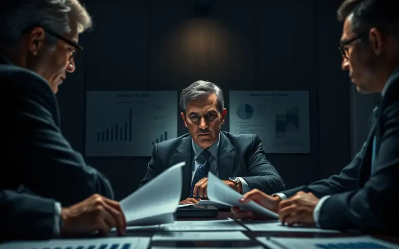 Finance executives reviewing legal and financial documents during a tense contingent liability discussion