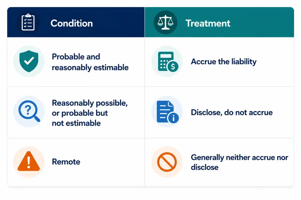 Table comparing ASC 450 contingent liability conditions probable, reasonably possible, and remote to their accounting treatment