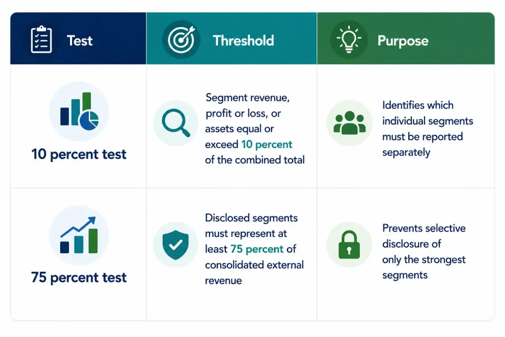 ASC 280 segment reporting thresholds showing the 10 percent test and 75 percent test for reportable segments