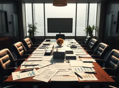 Empty boardroom table covered with financial reports and charts, representing a CFO's going concern review ahead of a board meeting