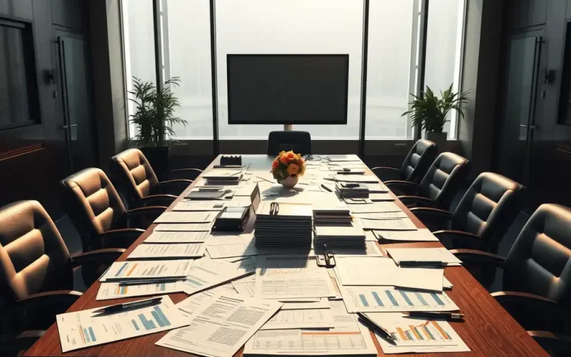 Empty boardroom table covered with financial reports and charts, representing a CFO's going concern review ahead of a board meeting