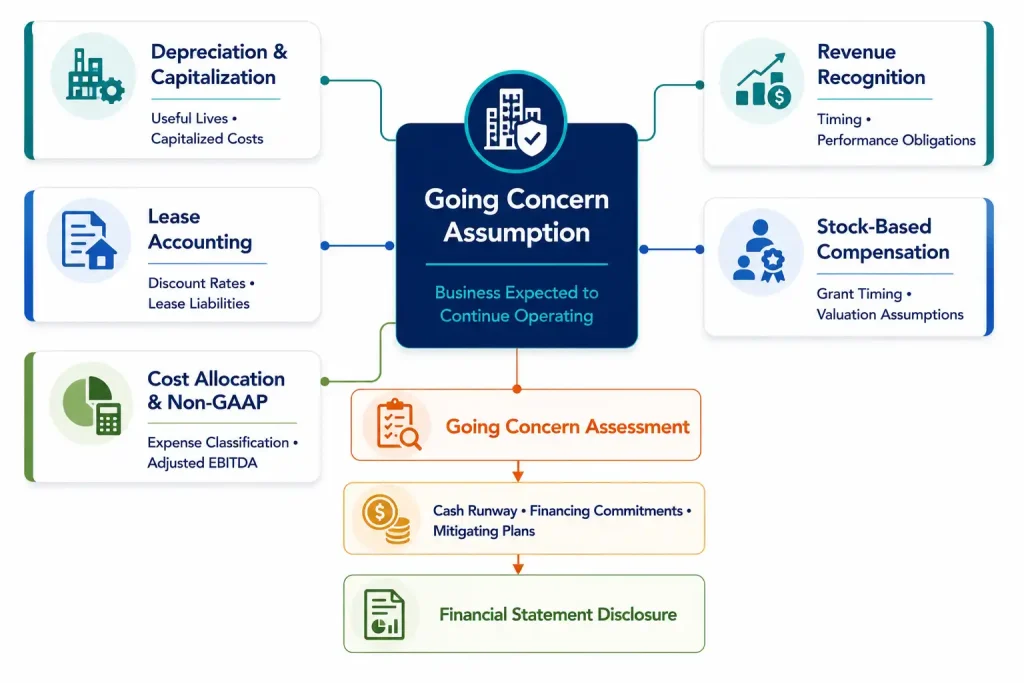 Diagram of the going concern concept in accounting, showing how depreciation, lease accounting, revenue recognition, and cost allocation feed into the going concern assessment and financial statement disclosure