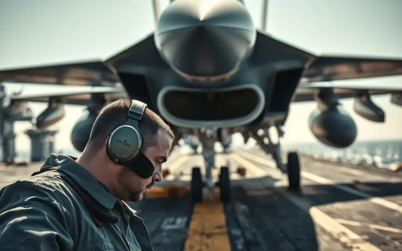 Aviation crew member wearing headset standing beside military fighter jet on carrier deck