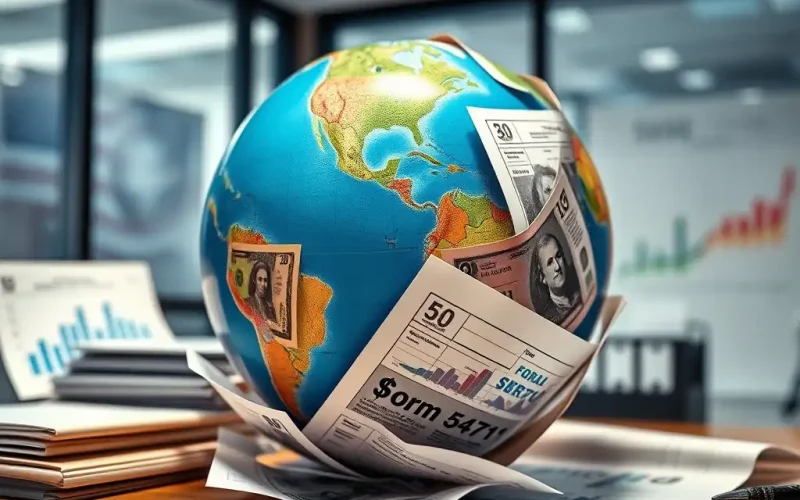 Form 5471 international tax reporting concept with globe, US currency, and financial documents