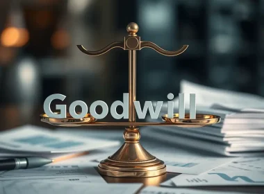 Balance scale weighing the word "Goodwill" against financial documents, representing goodwill impairment assessment