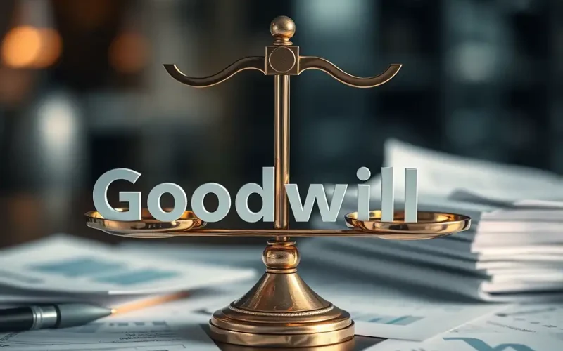 Balance scale weighing the word "Goodwill" against financial documents, representing goodwill impairment assessment