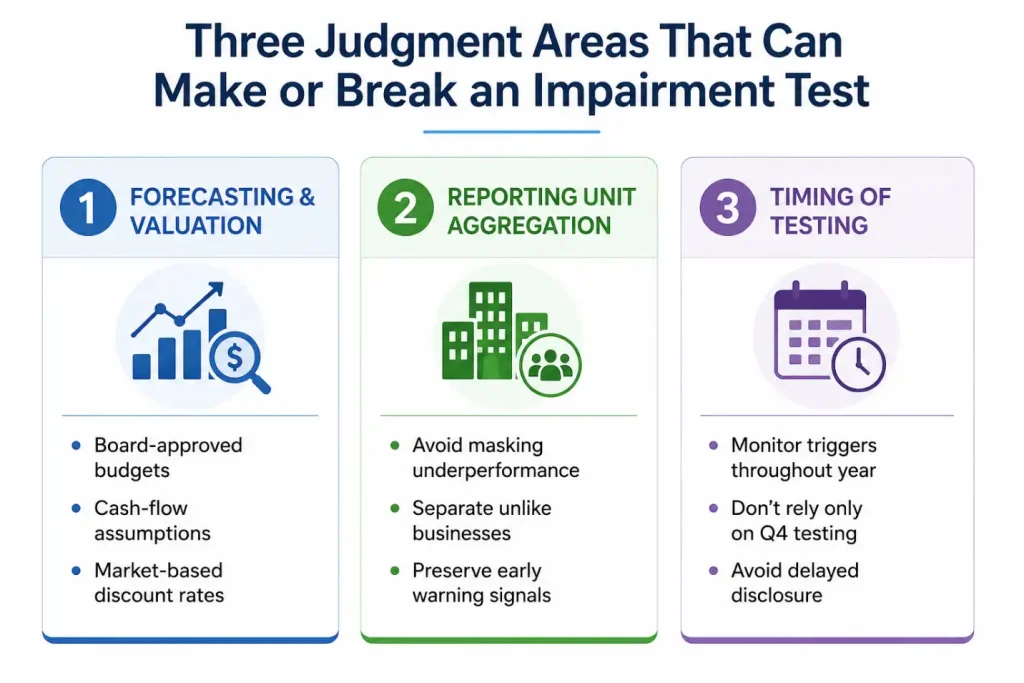 Infographic showing three judgment areas in goodwill impairment testing: forecasting and valuation, reporting unit aggregation, and timing of testing