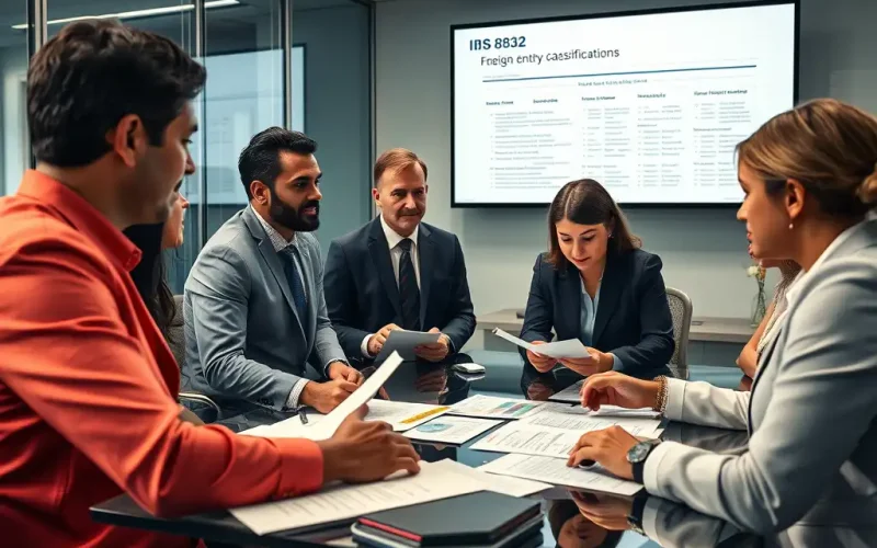 Finance team reviewing Form 8832 entity classification during a check-the-box election meeting