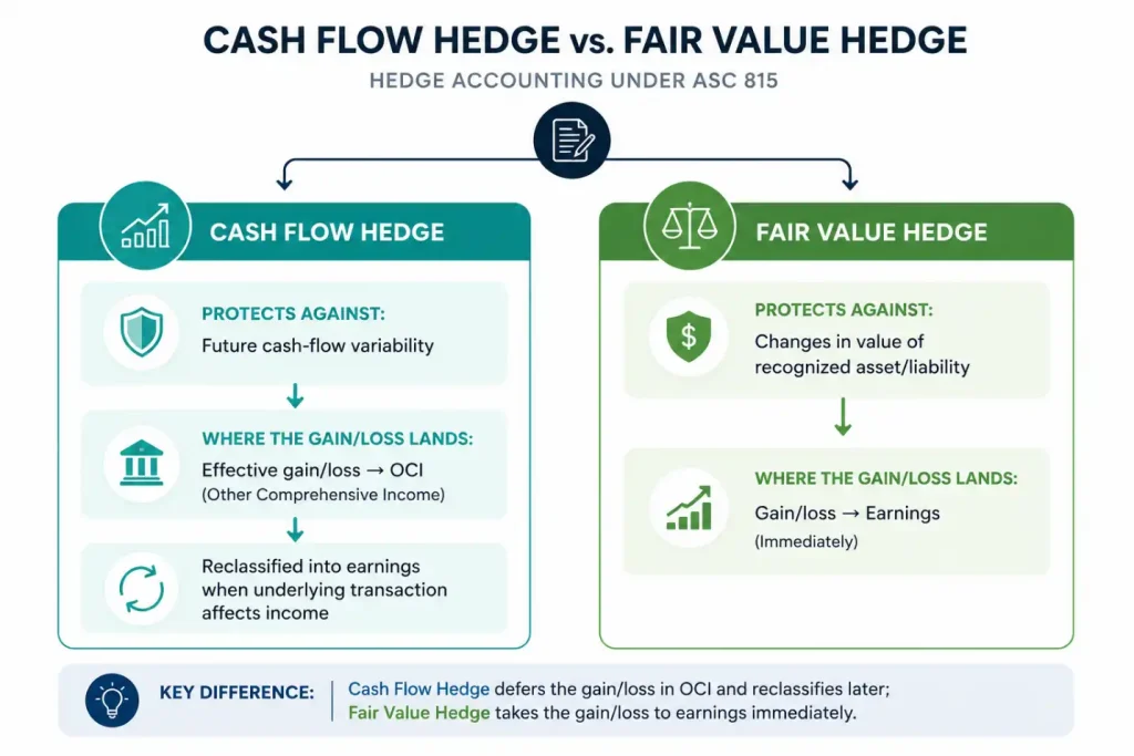 Infographic comparing cash flow hedge and fair value hedge accounting treatment under ASC 815, showing where gains and losses are recognized