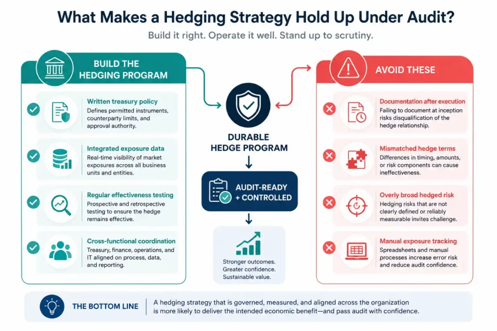 Infographic on building an audit-ready hedging strategy, covering treasury policy, exposure data, effectiveness testing, and common pitfalls to avoid
