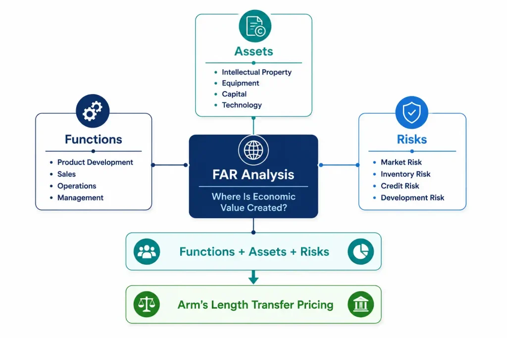 FAR analysis diagram showing Functions, Assets, and Risks feeding into arm's length transfer pricing