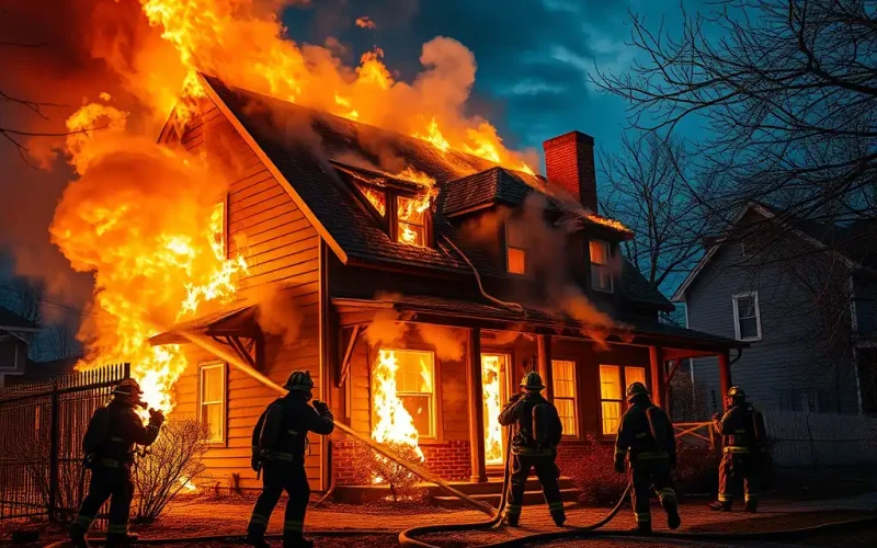 Firefighters battling a house fire at night, symbolizing risk left unmanaged.
