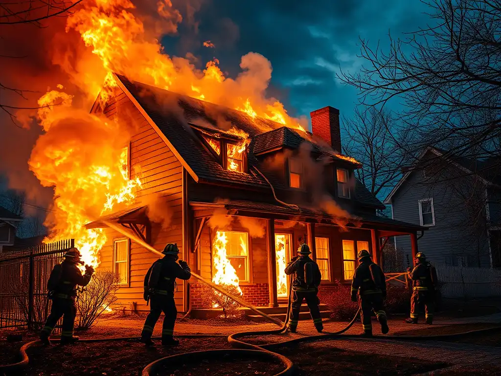 Firefighters battling a house fire at night, symbolizing risk left unmanaged.