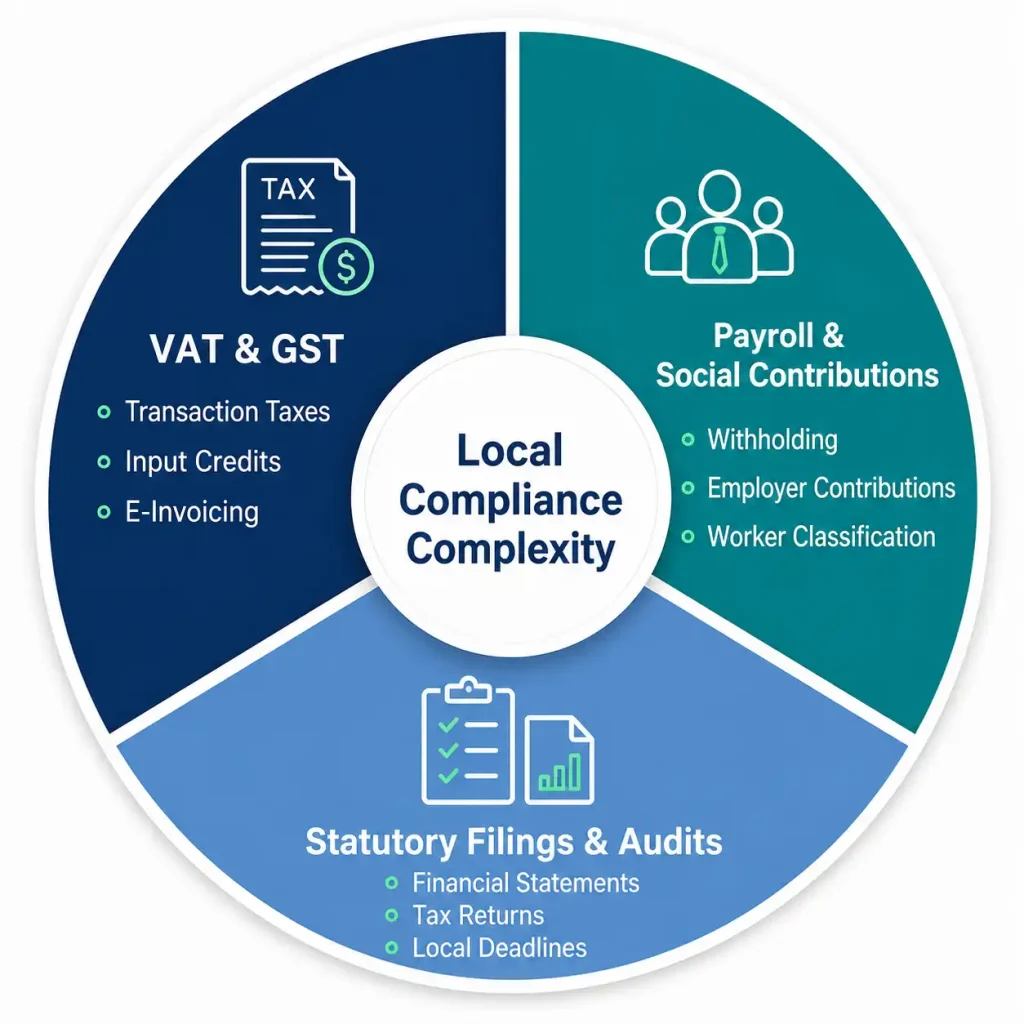 Pie chart of the three pillars of local compliance complexity: VAT and GST, payroll and social contributions, and statutory filings and audits.