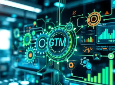 Futuristic digital illustration representing go-to-market technology, with a glowing GTM icon connected to data charts, gears, and analytics dashboards