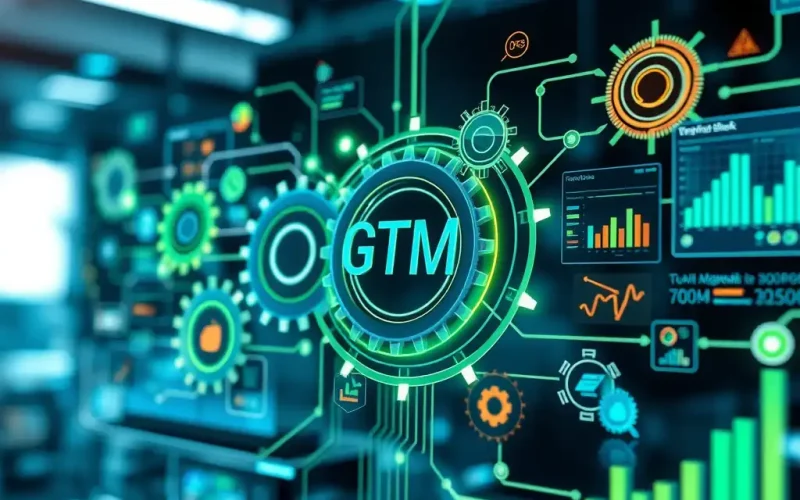 Futuristic digital illustration representing go-to-market technology, with a glowing GTM icon connected to data charts, gears, and analytics dashboards