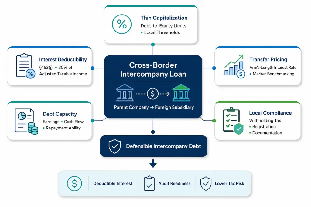 Cross-border intercompany loan compliance factors: thin capitalization, §163(j), transfer pricing
