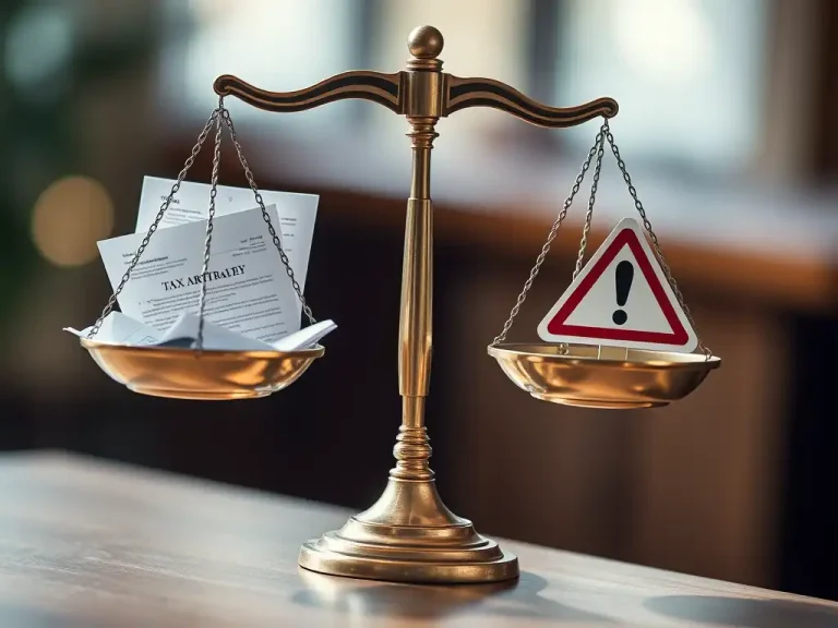 Balance scale weighing tax arbitrage documents against a compliance risk warning sign, representing BEPS compliance and cross-border tax risk