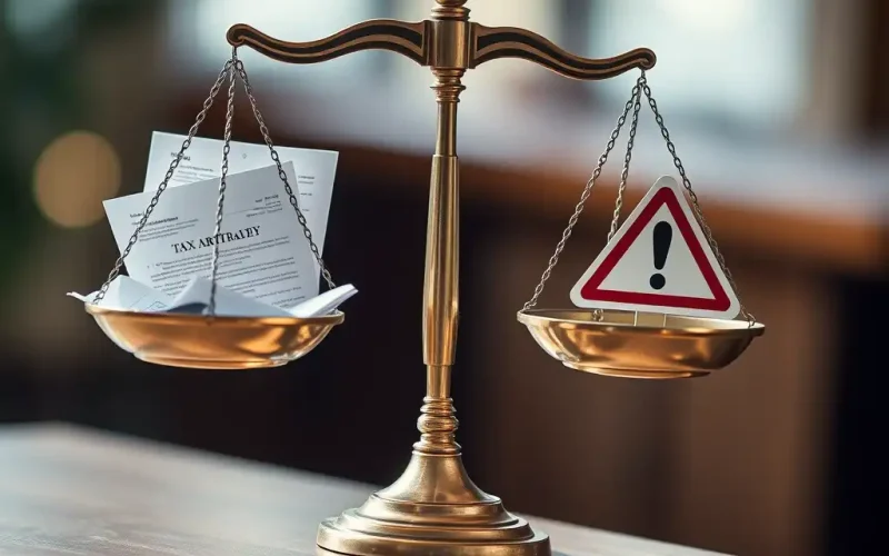 Balance scale weighing tax arbitrage documents against a compliance risk warning sign, representing BEPS compliance and cross-border tax risk